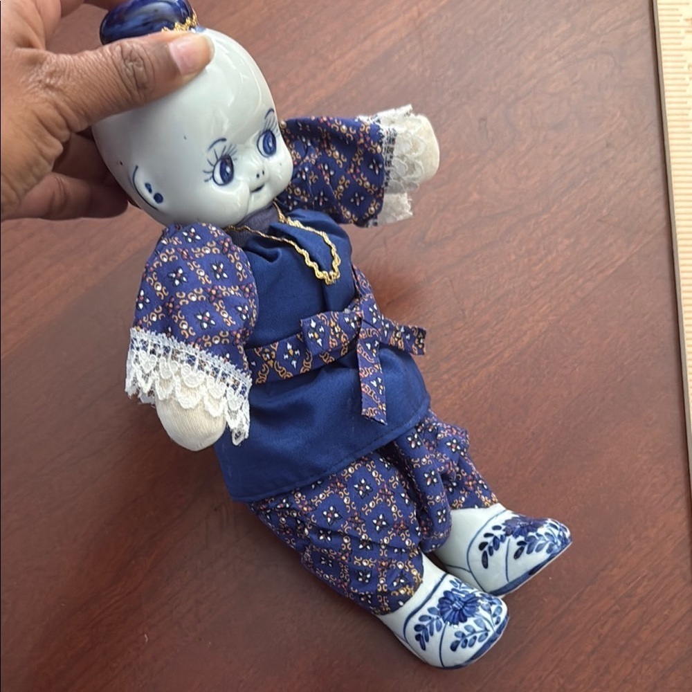 Rare Blue china kewpie Delft Porcelain Doll with Intricate Patterns - Picture 8 of 8